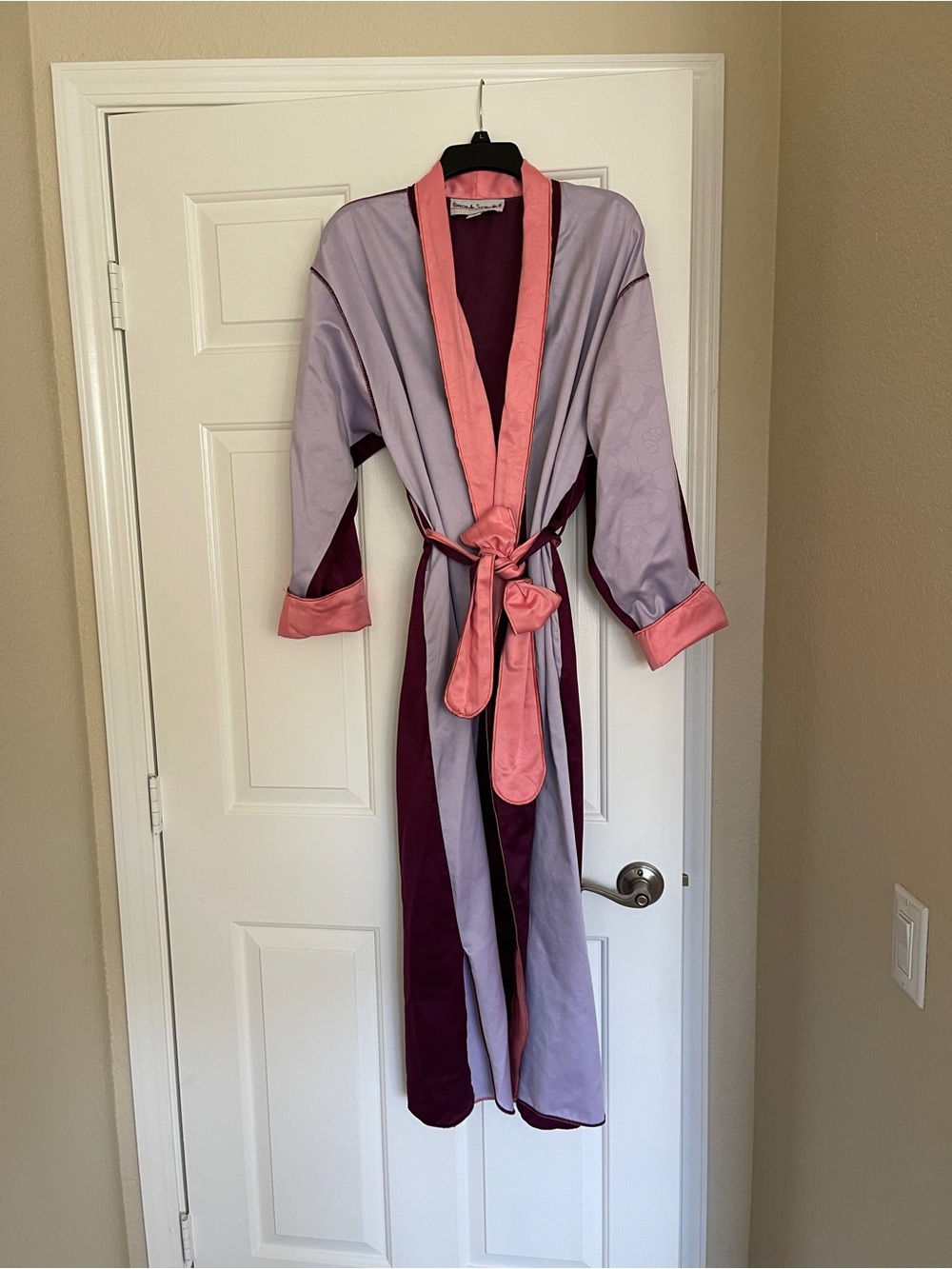 Fernando Sanchez Silky Colorblock Long Robe in Lavender,  dark plum and coral.